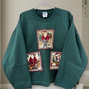 Jerzees Dark Green Holiday Sweatshirt with Santa Patchwork